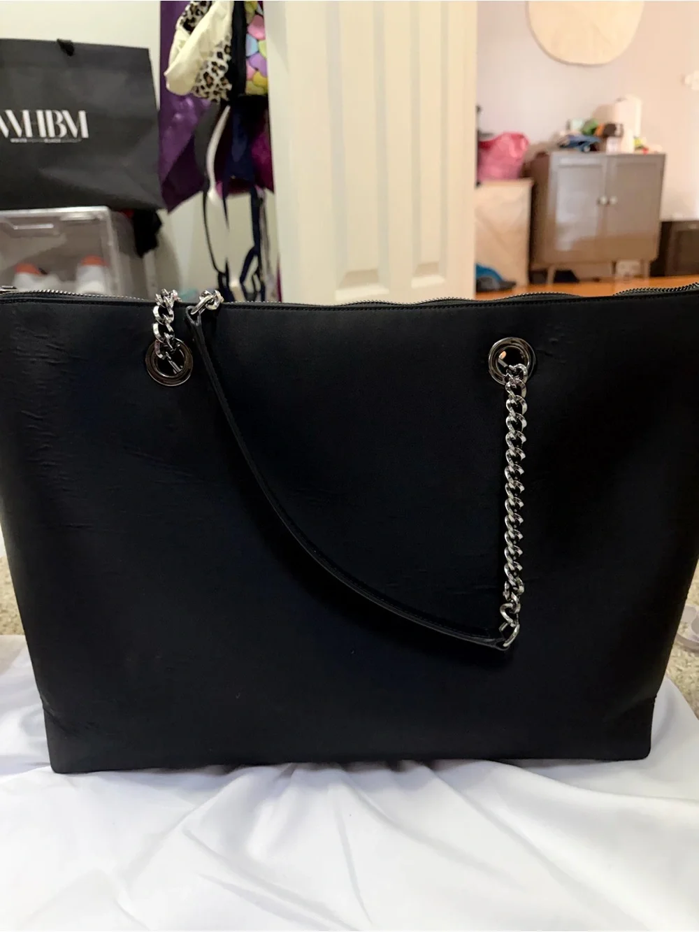 Jimmy Choo Black Nylon and Leather Tote with Chain-Strap Detail